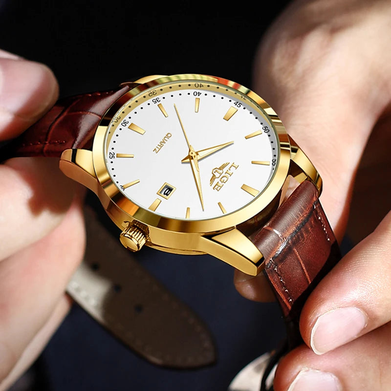 LIGE Men’s Brown Leather Military Sports Quartz Watch – Casual Waterproof Chronograph
