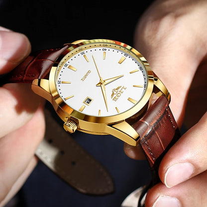 LIGE Men’s Brown Leather Military Sports Quartz Watch – Casual Waterproof Chronograph