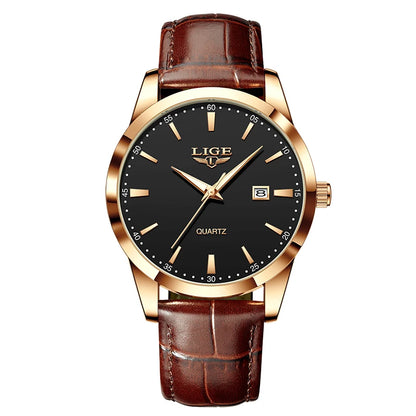 LIGE Men’s Brown Leather Military Sports Quartz Watch – Casual Waterproof Chronograph