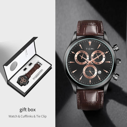 TOMI 4PCS Set Luxury Business Men's Quartz Watch Casual Fashion Versatile Watch Men's Cufflinks Tie Clip Watch Festival Gift