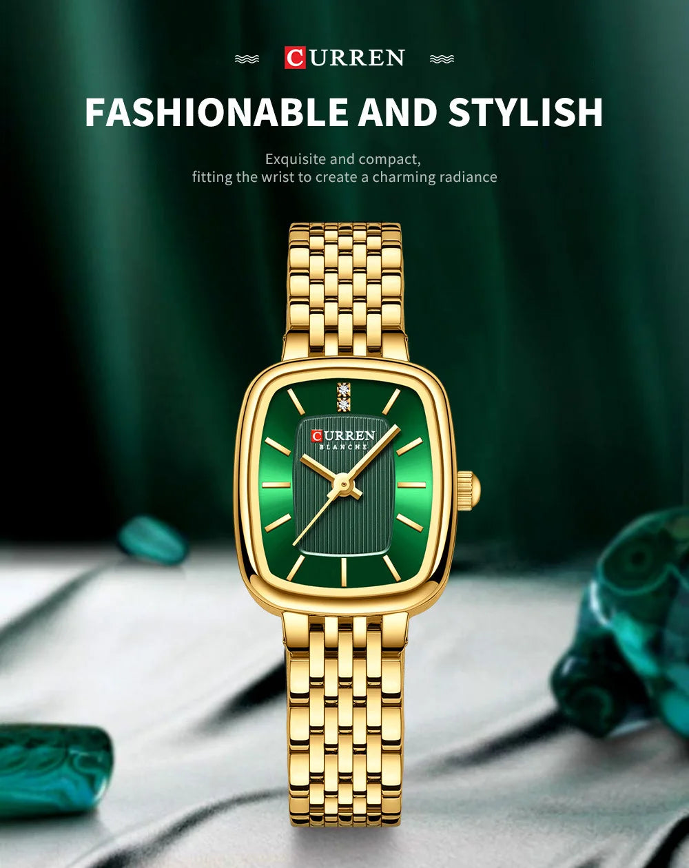 CURREN 9093 Women's Fashion Quartz Watch – Elegant Square Gold Dial with Stainless Steel Strap, Waterproof