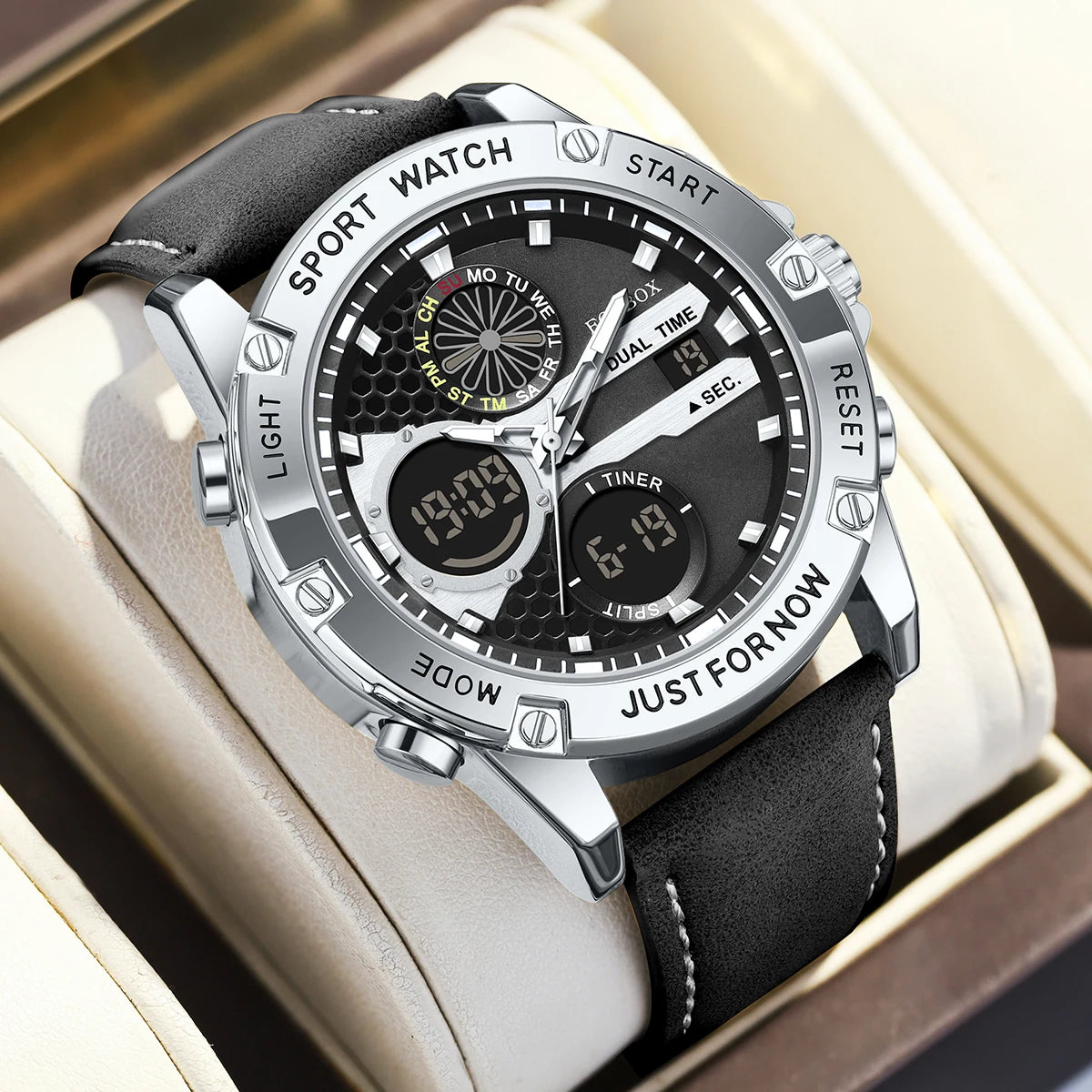 LIGE Men’s Outdoor Sport Watch – Leather Strap, Dual Digital Display, Waterproof & Luminous