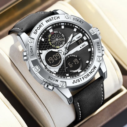 LIGE Men’s Outdoor Sport Watch – Leather Strap, Dual Digital Display, Waterproof & Luminous