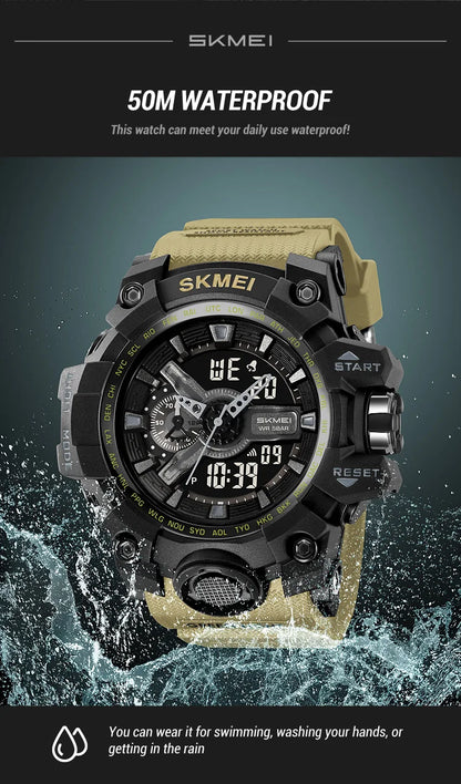 SKMEI Men's Shockproof Military Sports Watch – Dual Time, LED Display, Waterproof, Alarm, Chrono, Big Dial