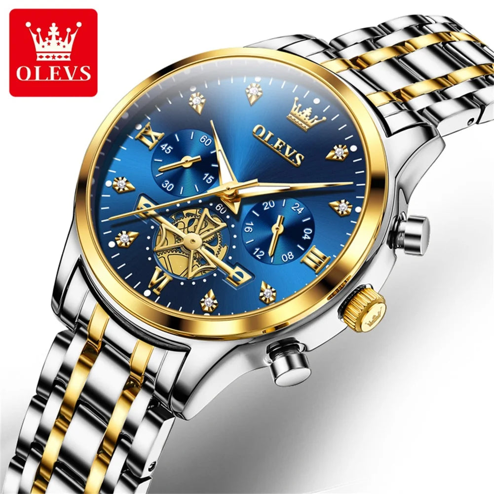 OLEVS Luxury Flywheel Design Couple Wristwatch Chronograph Waterproof Moon Phase Watch Brand Original Quartz Watch for Men Women