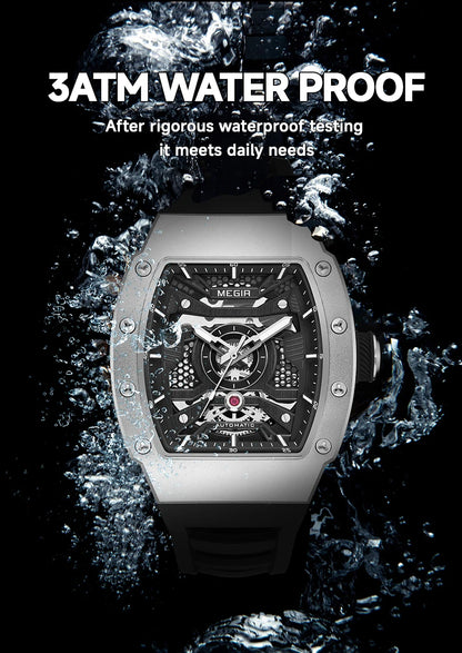MEGIR Men's Automatic Mechanical Watch with Stainless Steel Case Sillicone Strap Fashion Waterproof Luminous Wristwatch 8604
