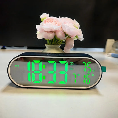 Rechargeable Digital Alarm Clock TEMP Date Week 2 Alarms Night Mode Snooze 12/24H Anti-disturb Voice Control LED Mirror Clock