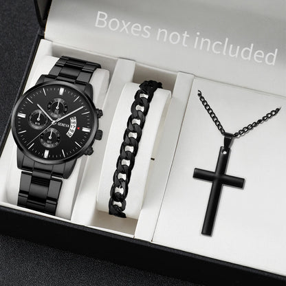 Luxorive Classic Trio – Men's Stainless Steel Calendar Quartz Watch Set (3‑Piece, No Box)