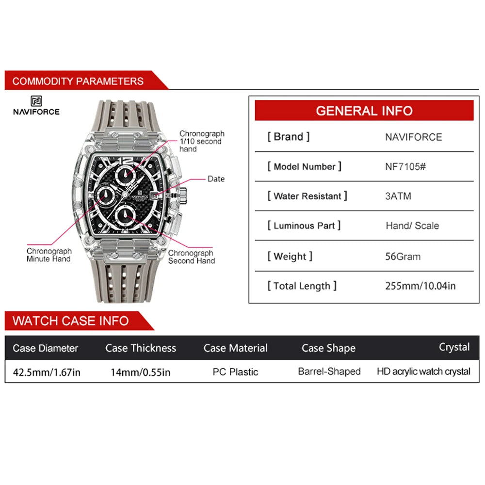 NAVIFORCE 2025 New Design Transparent Tonneau Watch Men Quartz Man Watches Waterproof Luxury Sport Out Door montre homme