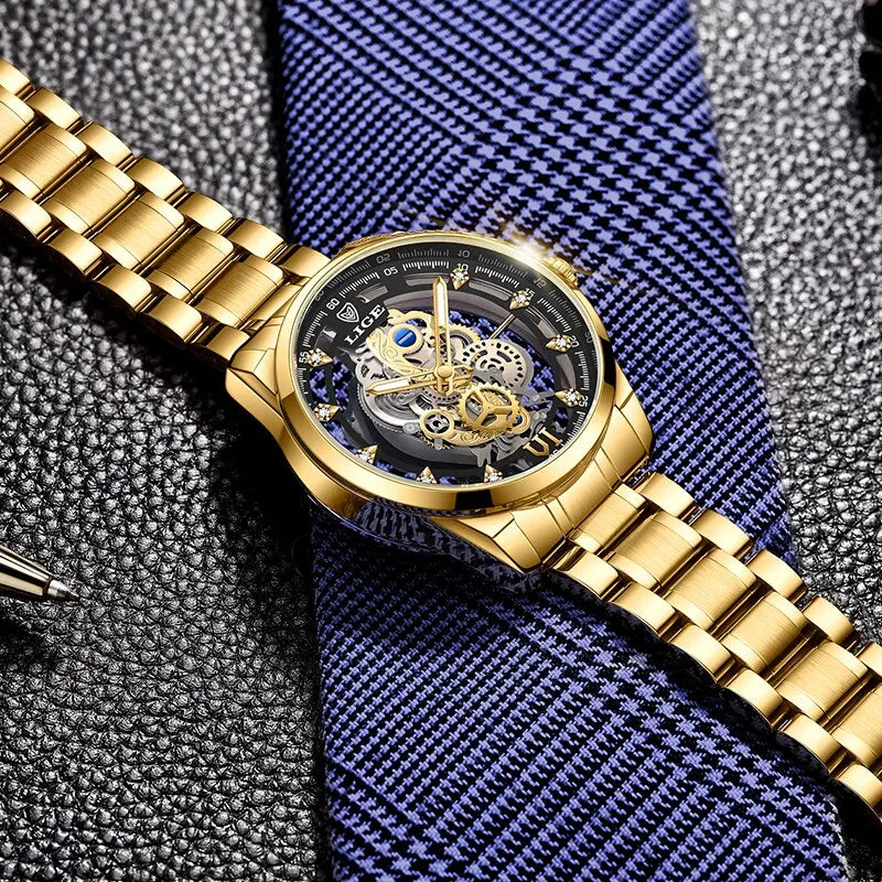 LIGE Men's Skeleton Quartz Watch – Luxury Retro Gold Wristwatch, Stainless Steel, Waterproof, Casual/Formal