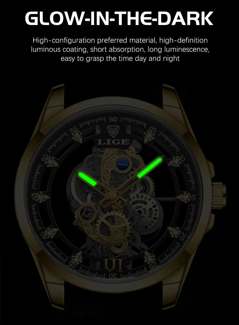 LIGE Men's Skeleton Quartz Watch – Luxury Retro Gold Wristwatch, Stainless Steel, Waterproof, Casual/Formal