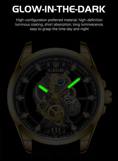 LIGE Men's Skeleton Quartz Watch – Luxury Retro Gold Wristwatch, Stainless Steel, Waterproof, Casual/Formal