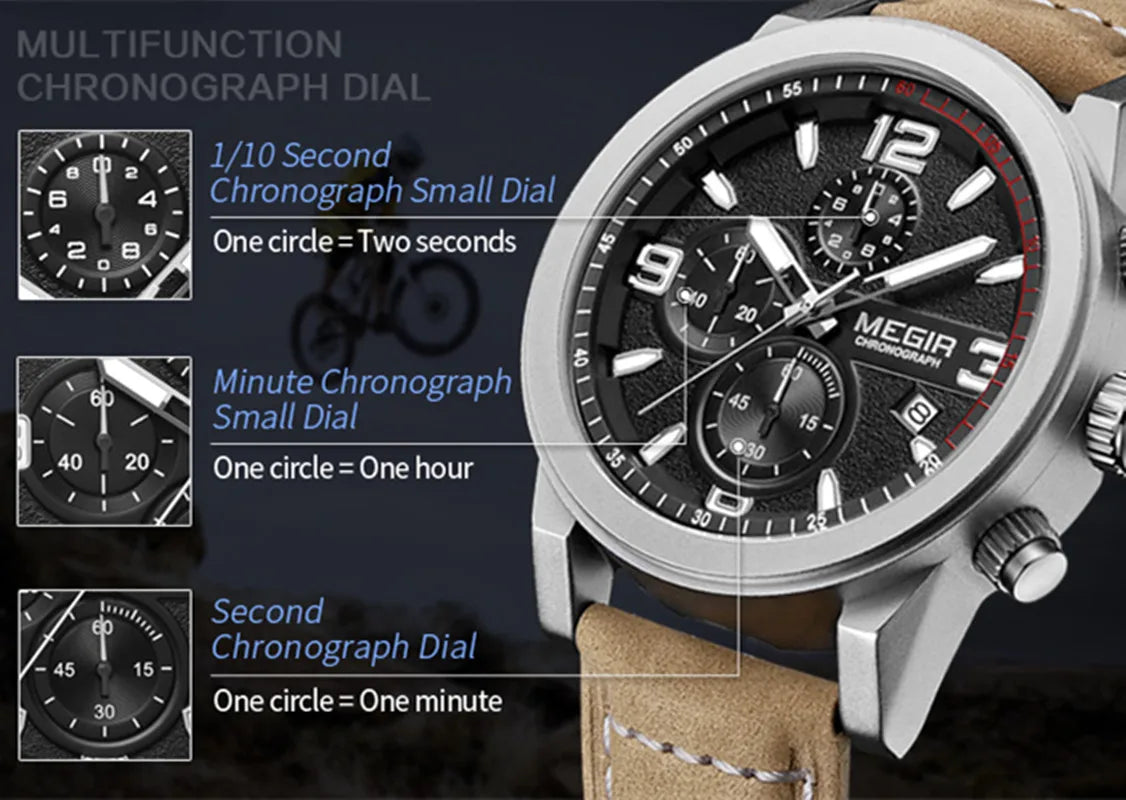 MEGIR Luxury Chronograph Men's Sport Watches Leather Strap Quartz Wristwatch Luminous Casual Male Clock Relogio Masculino 2026