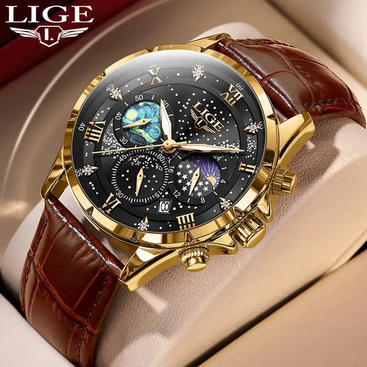 LIGE 2024 Men’s Luxury Genuine Leather Sports Military Quartz Watch with Date