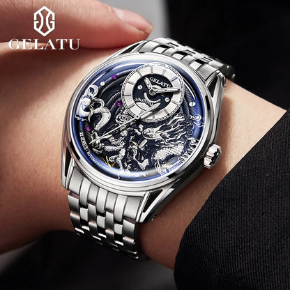 GELATU 6018 Men Watch Luxury Relief Dragon Pattern Watch Original Automatic Mechanical Watch Sapphire Waterproof Men's Watch