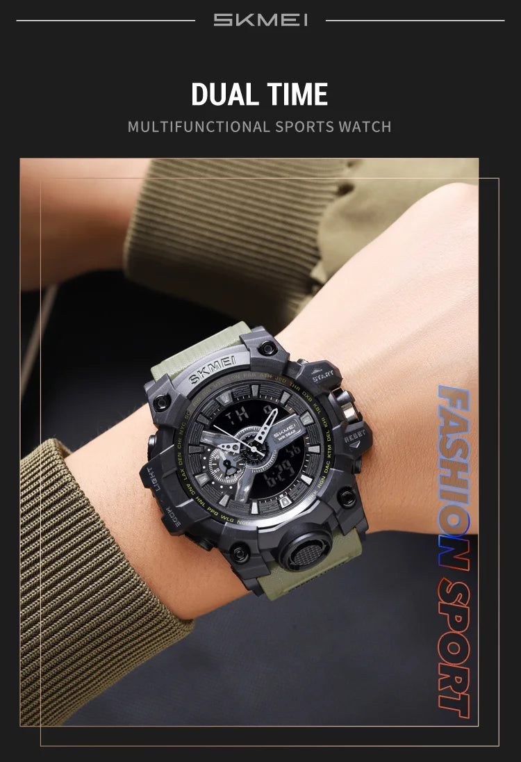 SKMEI Men's Shockproof Military Sports Watch – Dual Time, LED Display, Waterproof, Alarm, Chrono, Big Dial