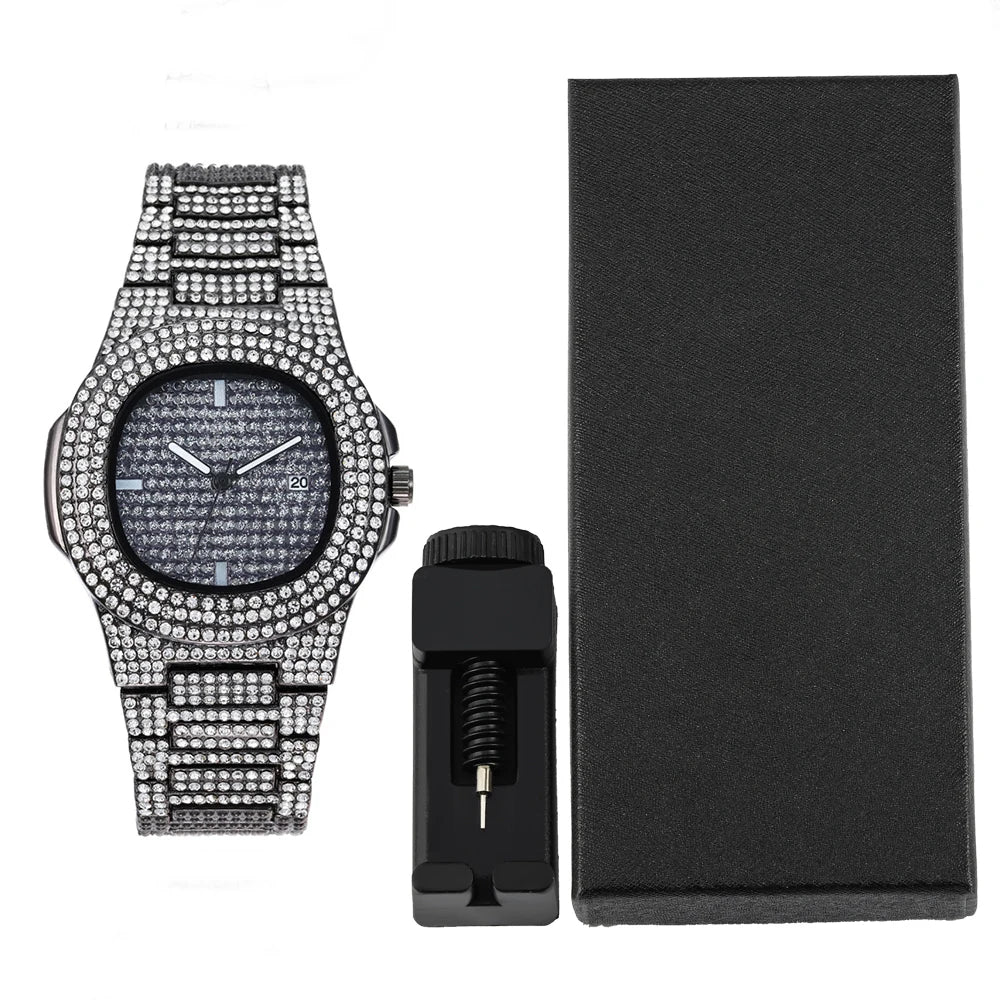Men Women Quartz Watch Iced Out Hip-hop Punk Full Diamonds Wrist Watch Bundled Size Adjuster Stylish Party Jewelry Gift Box