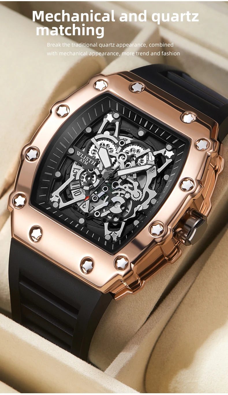 Men's Watch Fashion Automatic Movement Barrel Luminous Waterproof Clock Sports Male's Silicone Strap Quartz Wristwatch New