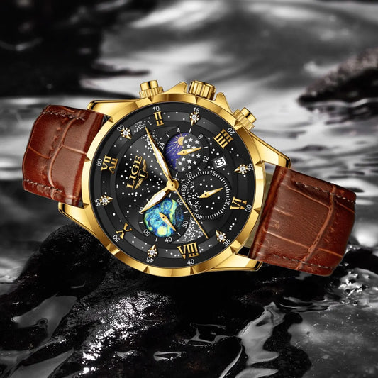 LIGE 2024 Men’s Luxury Genuine Leather Sports Military Quartz Watch with Date