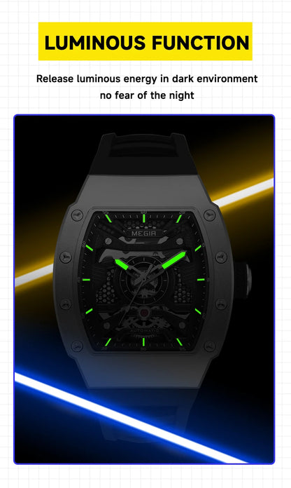 MEGIR Men's Automatic Mechanical Watch with Stainless Steel Case Sillicone Strap Fashion Waterproof Luminous Wristwatch 8604