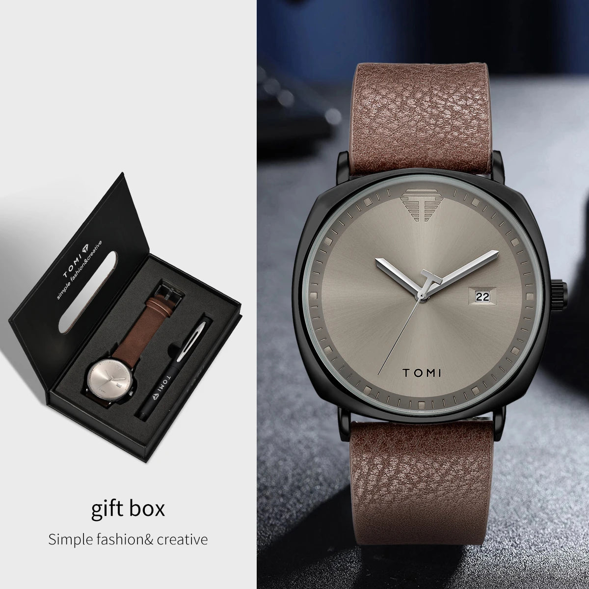 TOMI New 2PCS Luxury Business Men Watch Gift Box Set Simple and Casual Men Calendar Quartz Watch Pen Reloj Men Holiday Gift