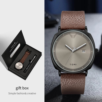 TOMI New 2PCS Luxury Business Men Watch Gift Box Set Simple and Casual Men Calendar Quartz Watch Pen Reloj Men Holiday Gift
