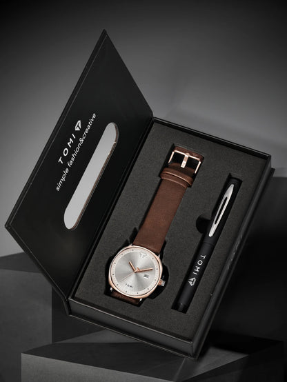 TOMI New 2PCS Luxury Business Men Watch Gift Box Set Simple and Casual Men Calendar Quartz Watch Pen Reloj Men Holiday Gift