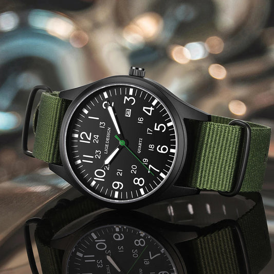 LIGE Luxury Military Quartz Watch for Men – Waterproof, Luminous, Nylon Leather Strap, Date Display