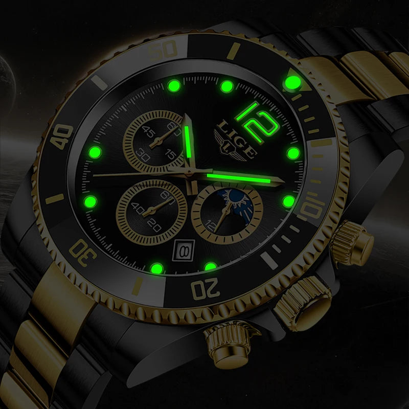 LIGE Men’s Luxury Military Quartz Watch – Full Steel Waterproof Chronograph