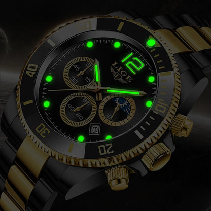 LIGE Men’s Luxury Military Quartz Watch – Full Steel Waterproof Chronograph
