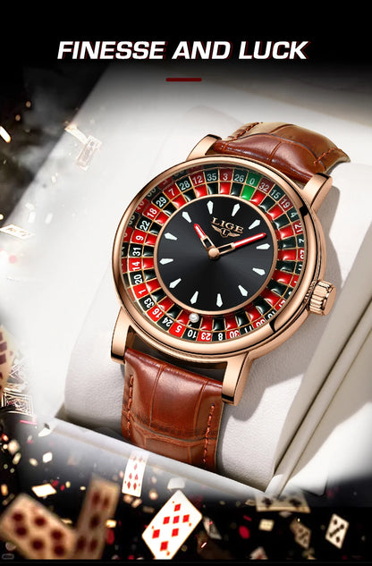 LIGE Fashion Roulette Dial Men's Watch – Brown Leather Edition