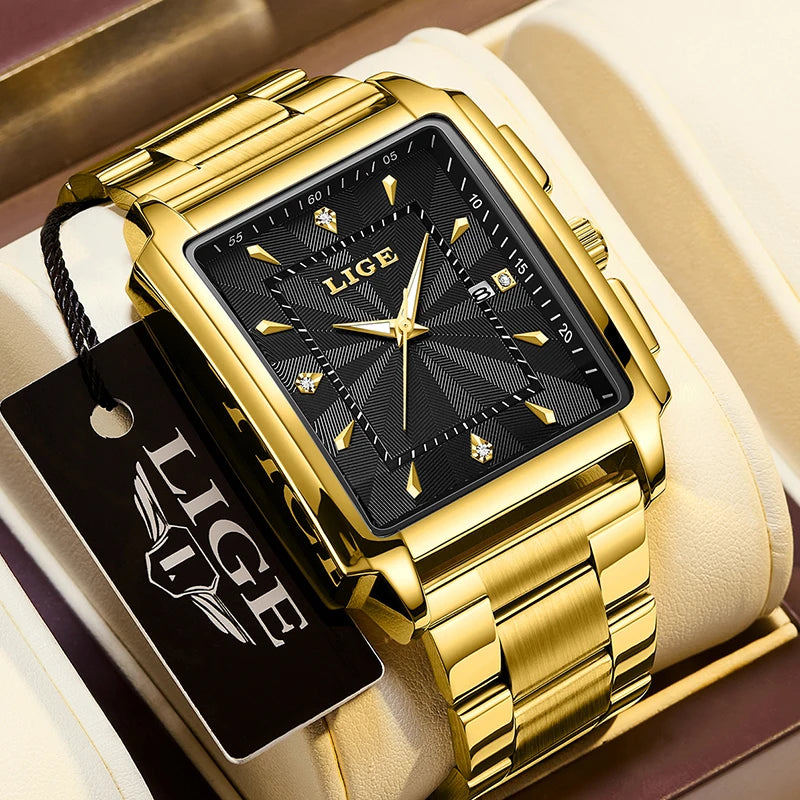 LIGE Men’s Luxury Square Sport Watch – Waterproof Business Military Quartz Chronograph
