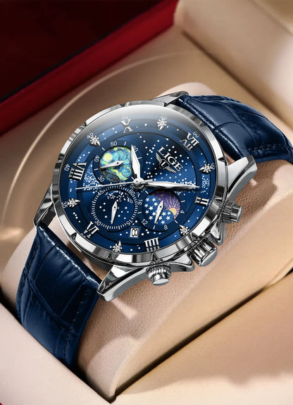 LIGE 2024 Men’s Luxury Genuine Leather Sports Military Quartz Watch with Date