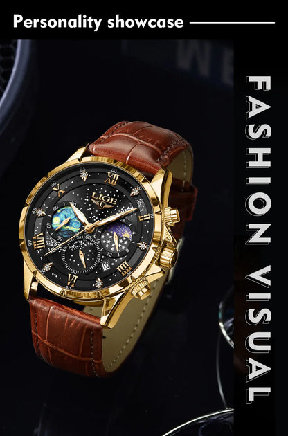 LIGE 2024 Men’s Luxury Genuine Leather Sports Military Quartz Watch with Date