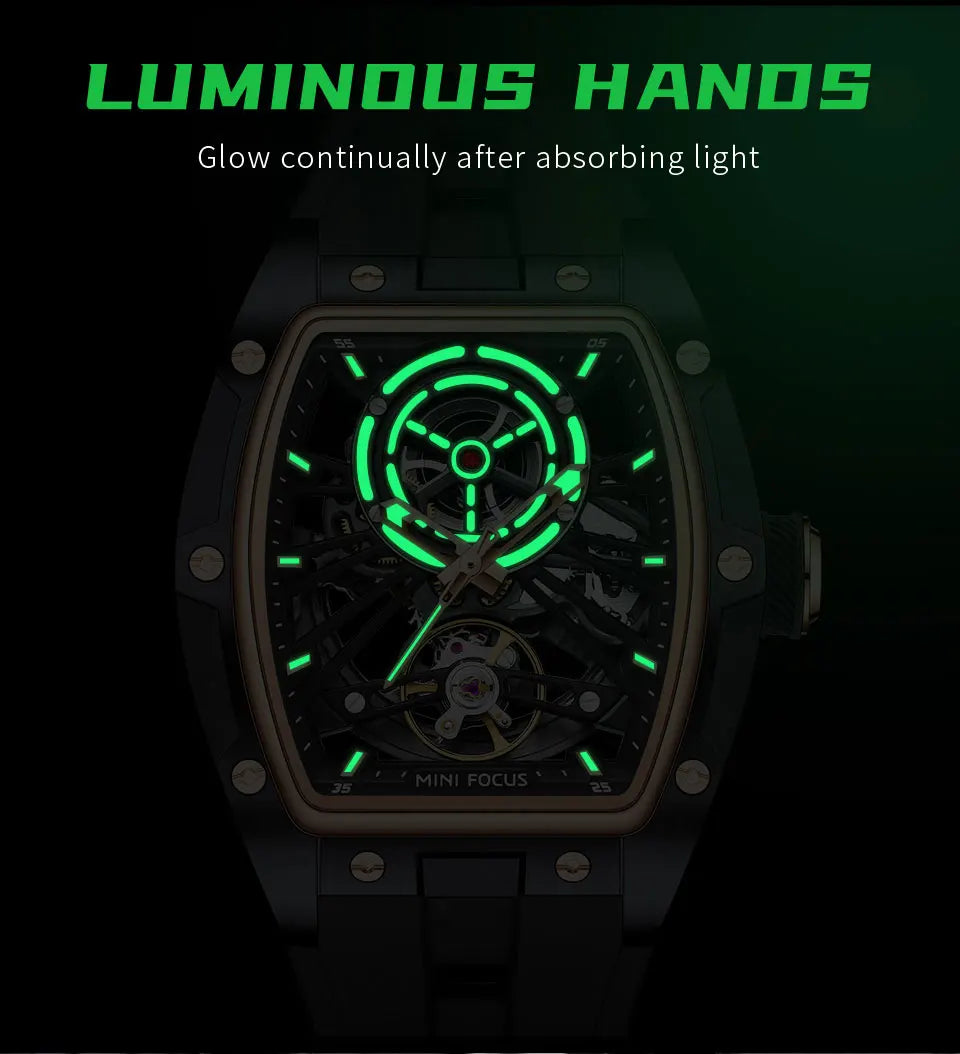 MINI FOCUS Men Wristwatch Fashion Black Waterproof Automatic Mechanical Watch with Luminous Hands Silicone Strap Tonneau Dial