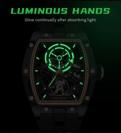 MINI FOCUS Men Wristwatch Fashion Black Waterproof Automatic Mechanical Watch with Luminous Hands Silicone Strap Tonneau Dial