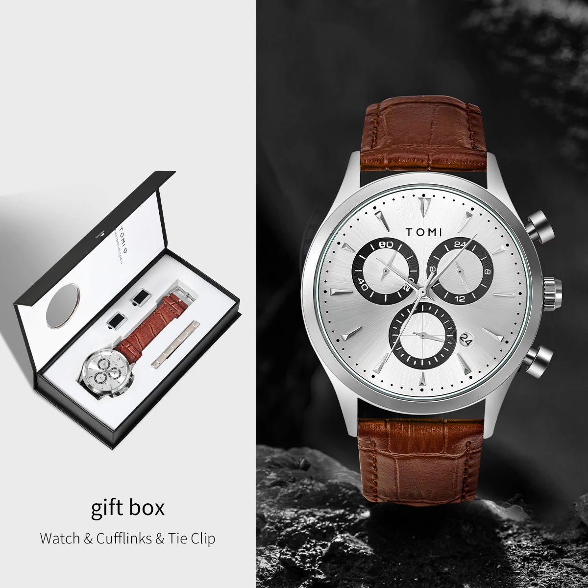 TOMI 4PCS Set Luxury Business Men's Quartz Watch Casual Fashion Versatile Watch Men's Cufflinks Tie Clip Watch Festival Gift