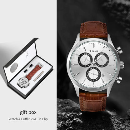 TOMI 4PCS Set Luxury Business Men's Quartz Watch Casual Fashion Versatile Watch Men's Cufflinks Tie Clip Watch Festival Gift