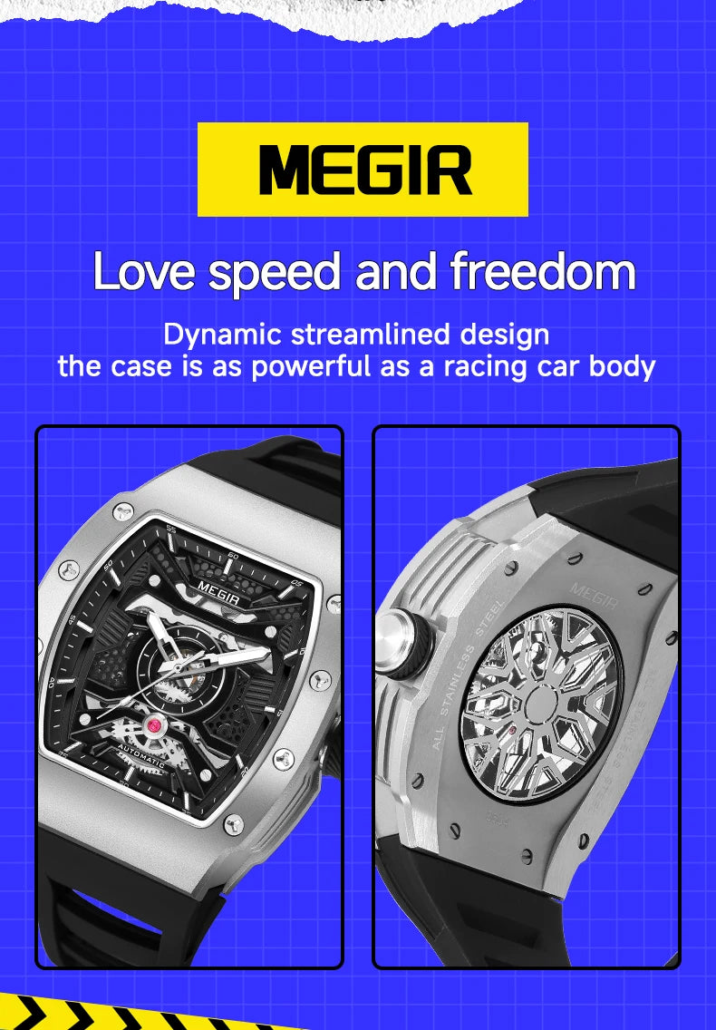MEGIR Men's Automatic Mechanical Watch with Stainless Steel Case Sillicone Strap Fashion Waterproof Luminous Wristwatch 8604