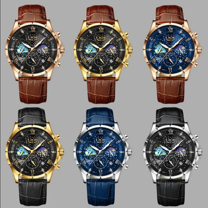 LIGE 2024 Men’s Luxury Genuine Leather Sports Military Quartz Watch with Date