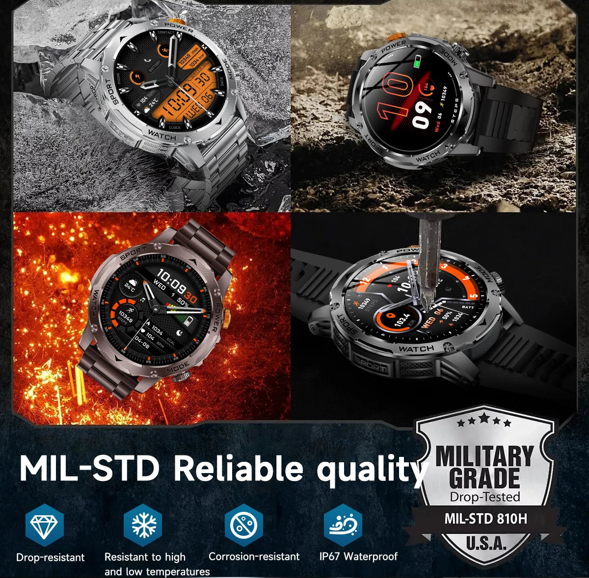LIGE Men’s Smartwatch – 1000mAh Battery, Outdoor Flashlight, Bluetooth Call, Waterproof Fitness Tracker