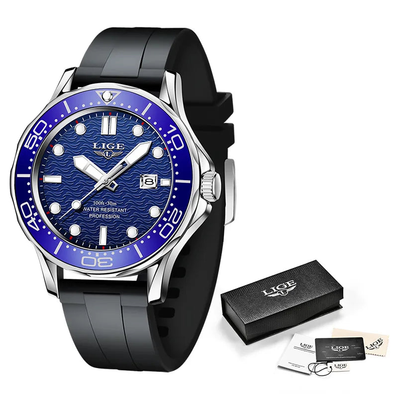 2025 LIGE Men's Business Luxury Dive Watch – Waterproof Chronograph with Date | Stainless Steel Sport Wristwatch + Box