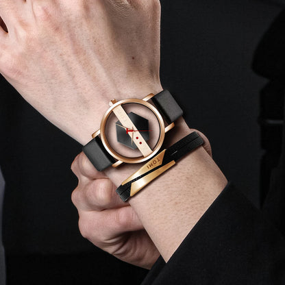 TOMI New 2PCS Men's Gift Box Watch Bracelet Simple and Fashionable Hollow out Versatile Black Strap Men's Quartz Watch Reloj