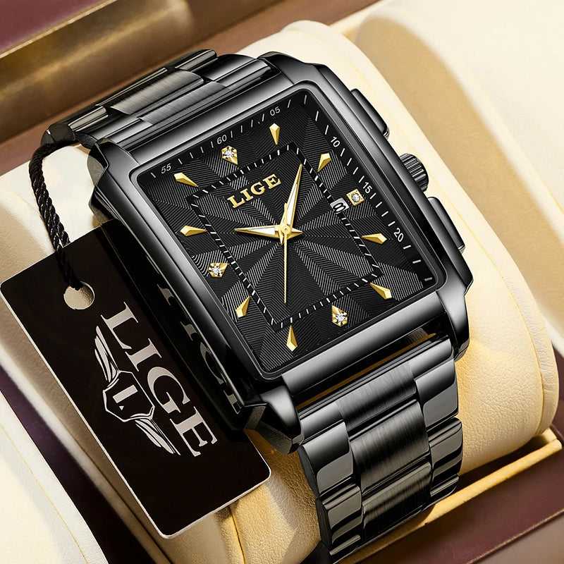 LIGE Men’s Luxury Square Sport Watch – Waterproof Business Military Quartz Chronograph