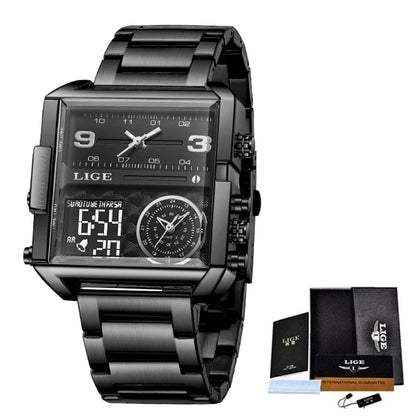 LIGE Men’s Black Steel Digital Dual Display Sports Chronograph – Waterproof Quartz Military Watch