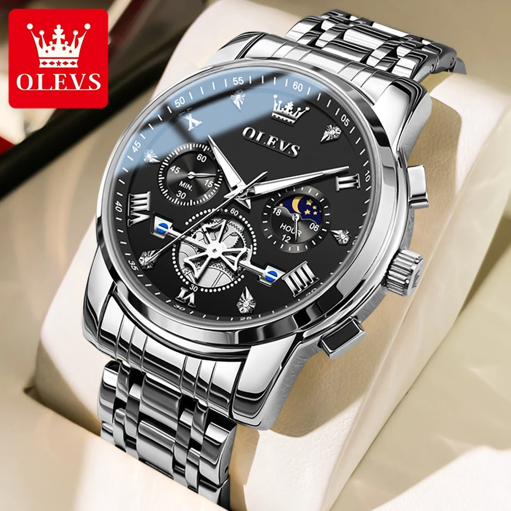 OLEVS Luxury Flywheel Design Couple Wristwatch Chronograph Waterproof Moon Phase Watch Brand Original Quartz Watch for Men Women
