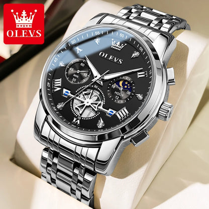 OLEVS Luxury Flywheel Design Couple Wristwatch Chronograph Waterproof Moon Phase Watch Brand Original Quartz Watch for Men Women