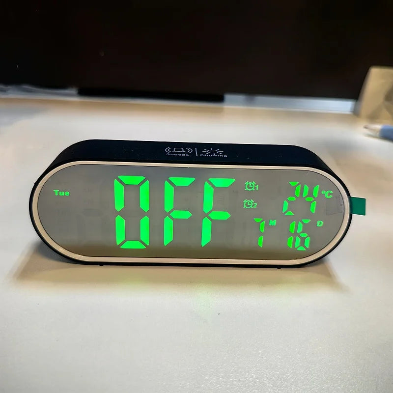 Rechargeable Digital Alarm Clock TEMP Date Week 2 Alarms Night Mode Snooze 12/24H Anti-disturb Voice Control LED Mirror Clock