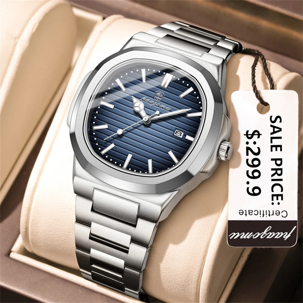 PENGAGAR Luxury Watch Business 50 ATM Waterproof Male Clock Luminous Date Stainless Steel Square Quartz Men Watches reloj hombre