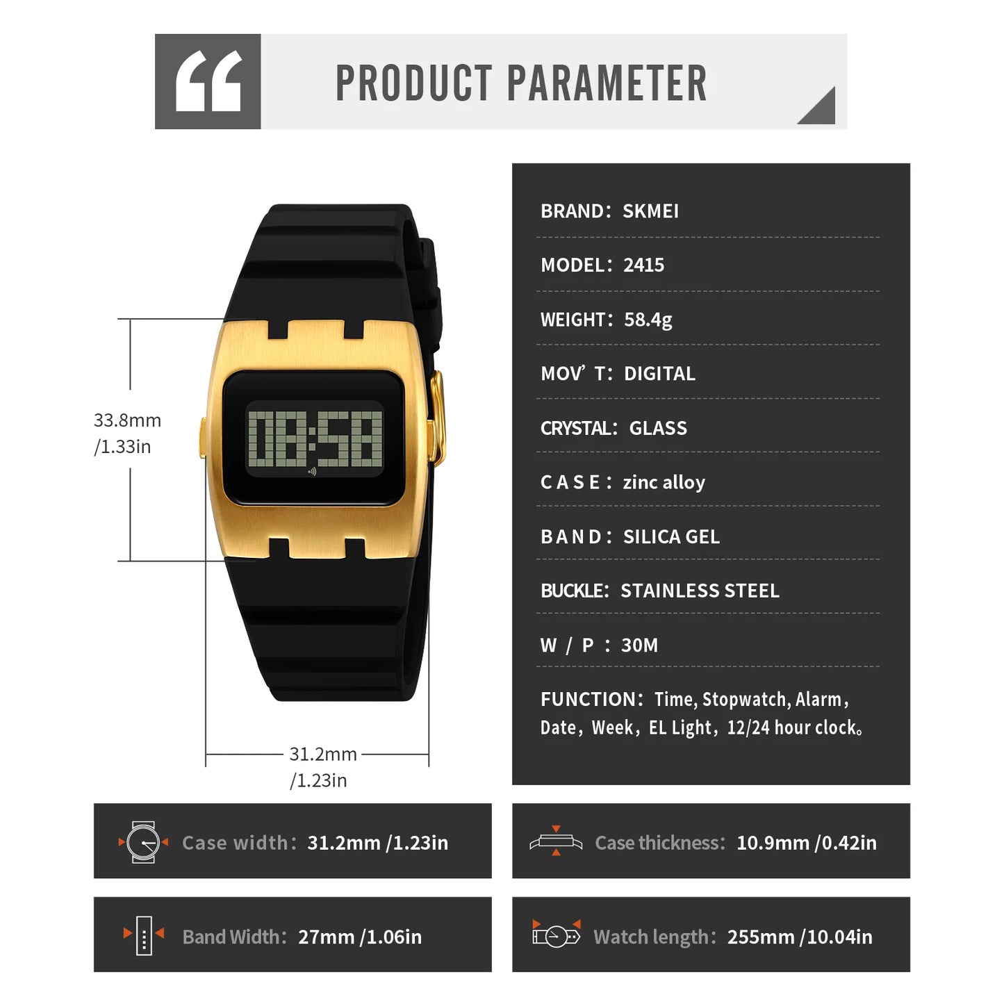 SKMEI 2415 Original Waterproof Luminous Digital Watch for Men – Chronograph with Alarm & Calendar